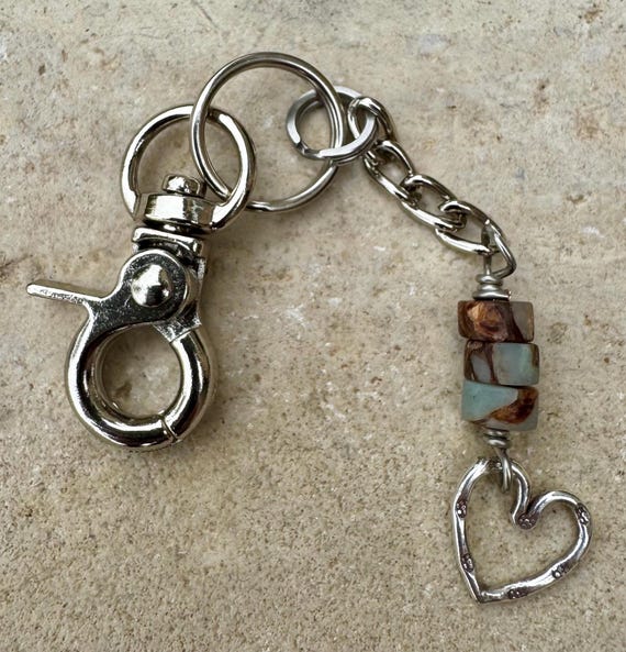 Keychain with impression jasper and sterling silver heart charm