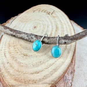 May include: A pair of silver-tone earrings with oval turquoise stones. The earrings are displayed on a wooden surface with a small branch. The word "Allyk" is written on the wood.