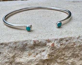 Dainty Sterling Silver Turquoise Cuff Bracelet • 4mm Kingman Double Bezel • Reverse Design