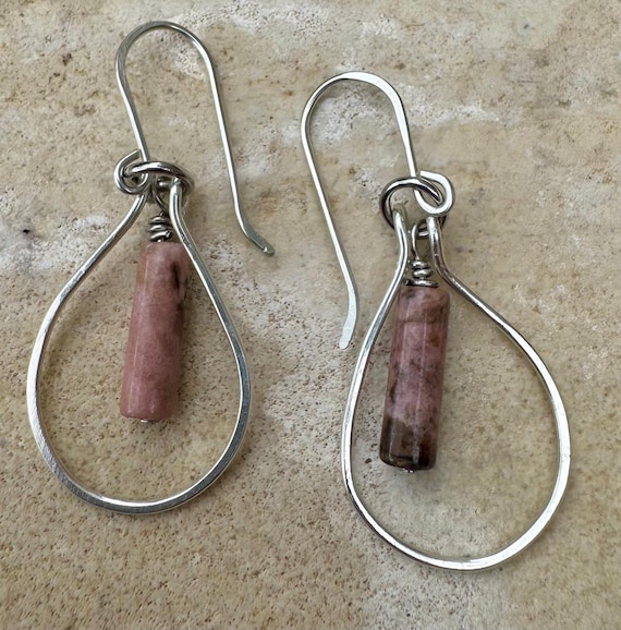 Black pink rhodonite gemstone with sterling silver teardrop style dangle