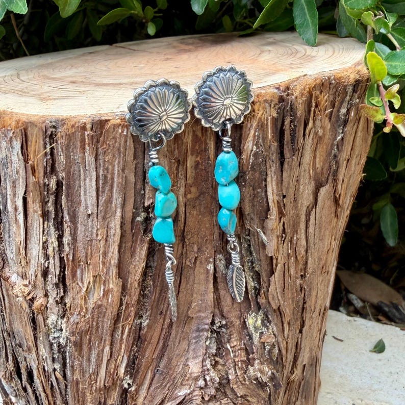 Scalloped Concho Turquoise Nugget Earrings • Sterling Silver • Feather Dangle image 4