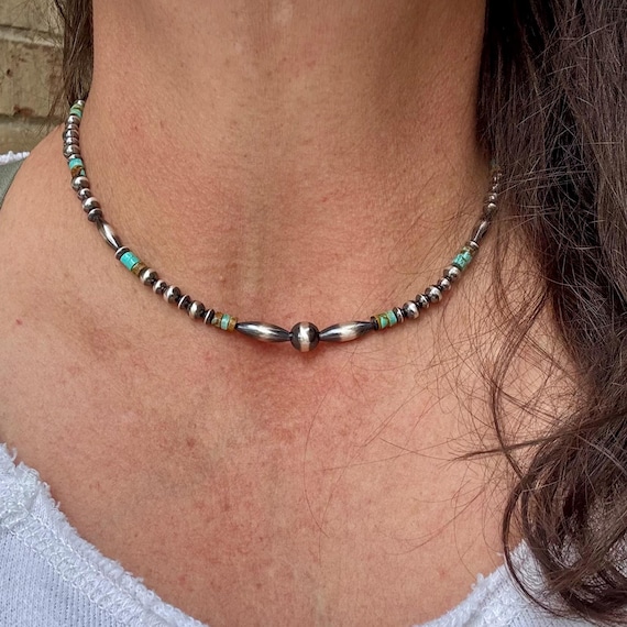 Navajo Pearl and Kingman Turquoise Necklace, Blue Green Turquoise, Authentic Native Sterling Necklace, Choker Necklace, Southwest Necklace