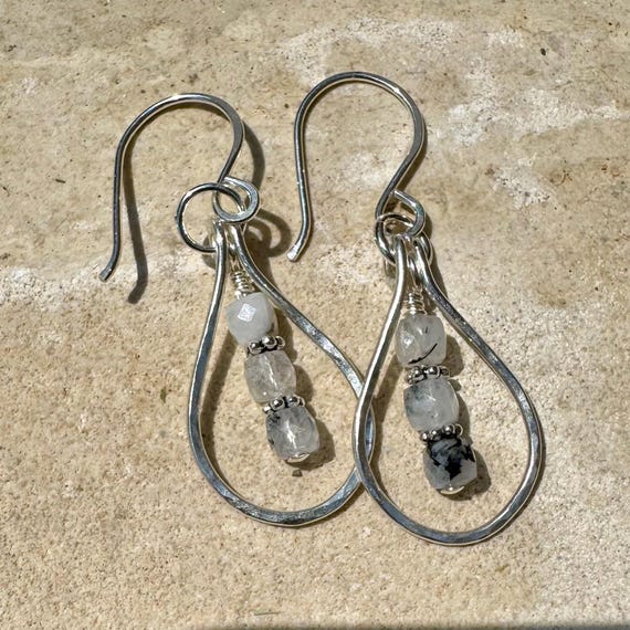 Rainbow Moonstone Dangle Earrings, Sterling Silver Earrings, Teardrop Earrings, Moonstone with Black Tourmaline, Moonstone Jewelry