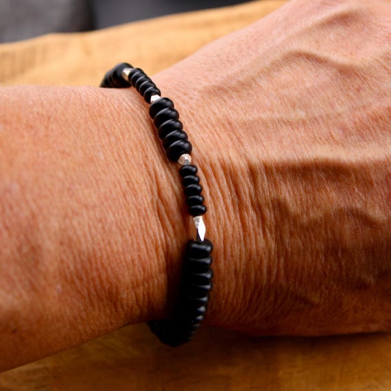 Stretch Onyx Bracelet with Sterling Silver, Stretch Beaded Bracelet, Natural Gemstone Jewelry