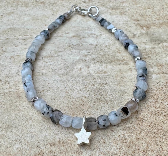 Rainbow Moonstone Bracelet, Sterling Silver Beaded Bracelet, Gemstone Bracelet, Moonstone Jewelry