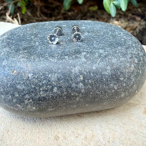 May include: A pair of silver-toned stud earrings featuring a small, five-petaled flower design. Each earring has a metallic post back and a polished finish, showcasing a simple floral shape that rests on a smooth, dark gray stone surface.