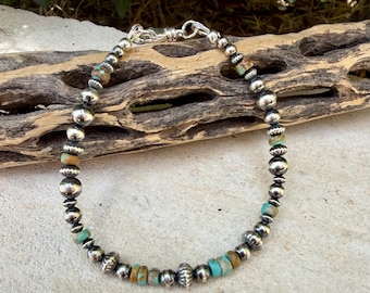 Kingman Turquoise & Desert Pearl Bracelet • Sterling Silver Southwest Stacking Jewelry