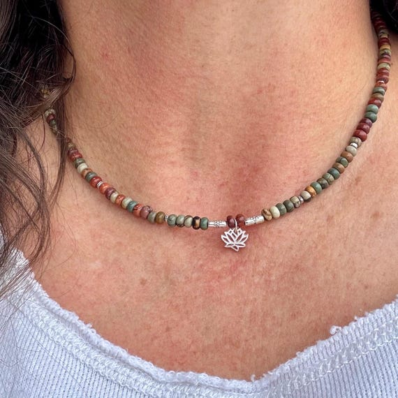 Picasso Red Creek Jasper Necklace, Sterling Silver Necklace, Lotus Pendant, Natural Gemstone Necklace, Artisan Gift, Nature-Inspired