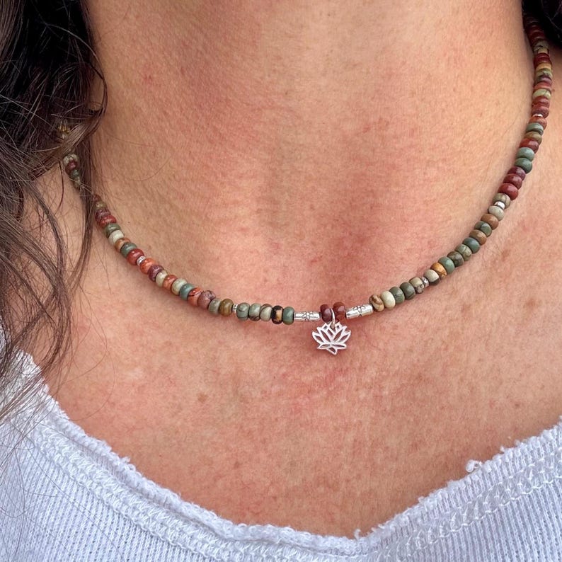 Sterling Silver Picasso Jasper Lotus Pendant Necklace | Artisan Gemstone Jewelry image 4