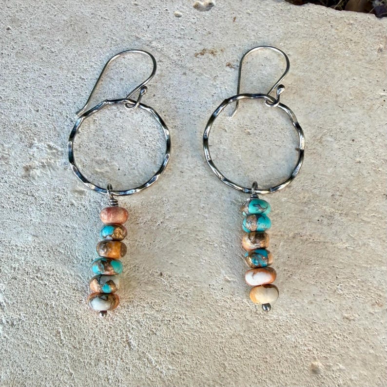 Sterling Silver Spiny Oyster & Turquoise Dangle Drop Earrings • Long Drop Style image 6