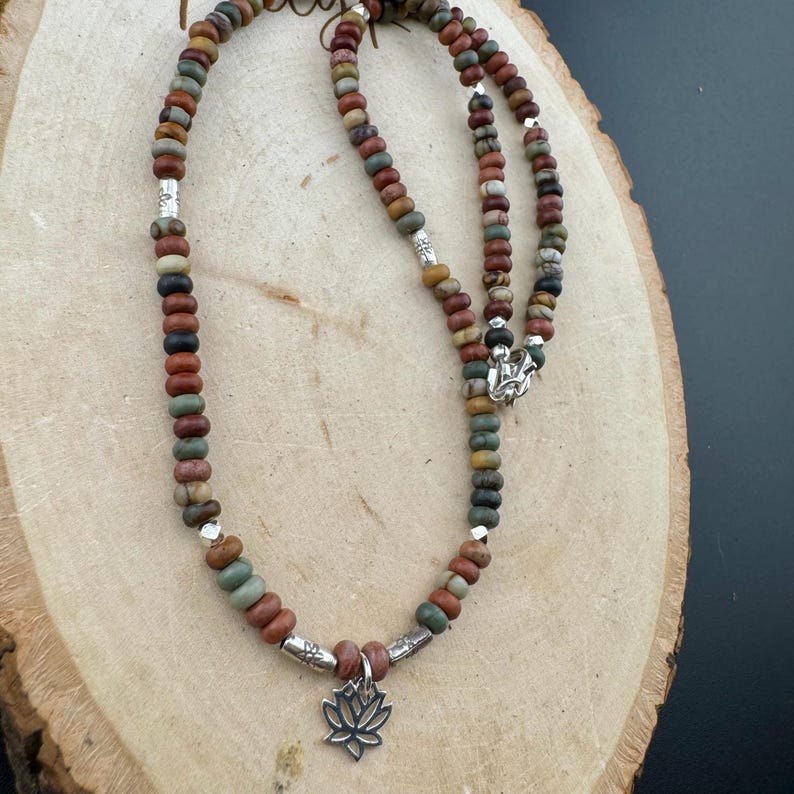 Sterling Silver Picasso Jasper Lotus Pendant Necklace | Artisan Gemstone Jewelry image 7