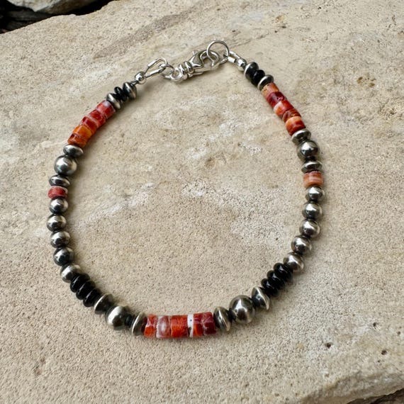 Navajo Pearl Bracelet with Onyx and Spiny Oyster Gemstones, Sterling Silver Beaded Gemstone Bracelet, Native American Jewelry