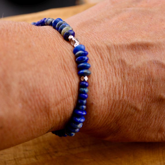 Stretch Lapis Bracelet with Sterling Silver Evil Eye Charm, Stretch Beaded Bracelet, Natural Gemstone Jewelry