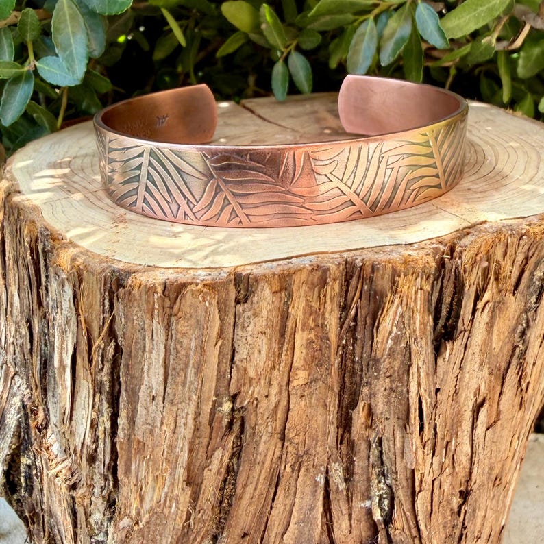 Leaves Embossed Copper Cuff • Rustic Raw Copper Bracelet • Hand‑Forged Southwestern Jewelry image 1