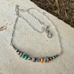 Spiny Oyster Turquoise Bar Necklace • Desert Pearls • Sterling Silver Southwest Necklace image 4