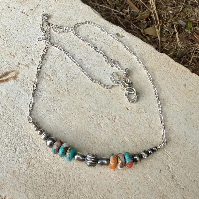 Spiny Oyster Turquoise Bar Necklace • Desert Pearls • Sterling Silver Southwest Necklace image 4