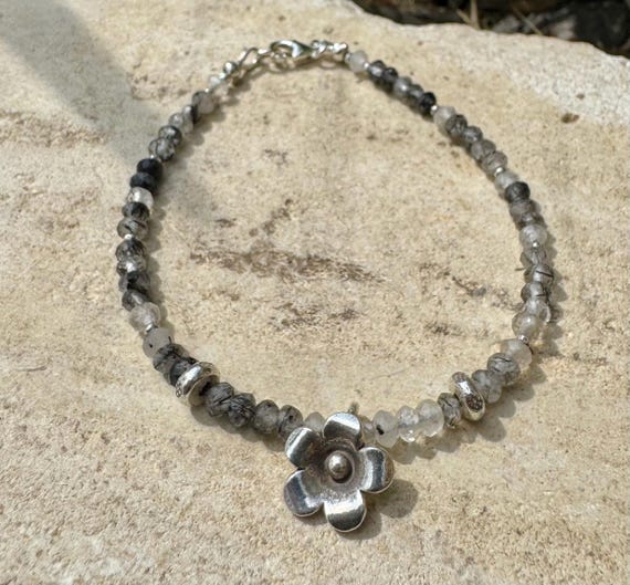 Black Tourmaline Rutilated Quartz Bracelet, Sterling Silver Gemstone Bracelet, Tourmaline Bracelet, Gift for Her