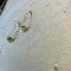 May include: A pair of drop earrings featuring round, light blue and brown marbled stones set in polished gold-tone metal. Each earring has a long, curved wire hook that extends upward from the circular stone setting, creating a simple, elegant profile.
