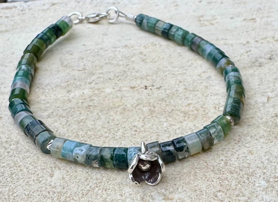 Green Moss Agate Sterling Silver Bracelet, Gemstone Beaded Bracelet, Agate Wristband, Nature-Inspired Jewelry, Handmade Gift