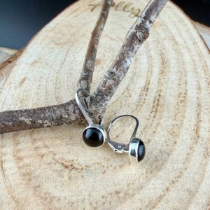 Sterling Silver Lever Back Black Onyx Earrings • 6mm Round Cabochon • Minimalist Style Shiny polished
