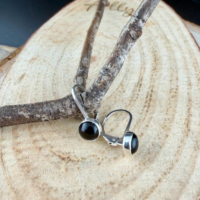 Sterling Silver Lever Back Black Onyx Earrings • 6mm Round Cabochon • Minimalist Style Shiny polished