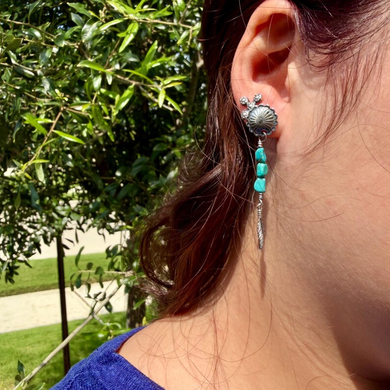 Scalloped Concho Turquoise Nugget Earrings • Sterling Silver • Feather Dangle image 5
