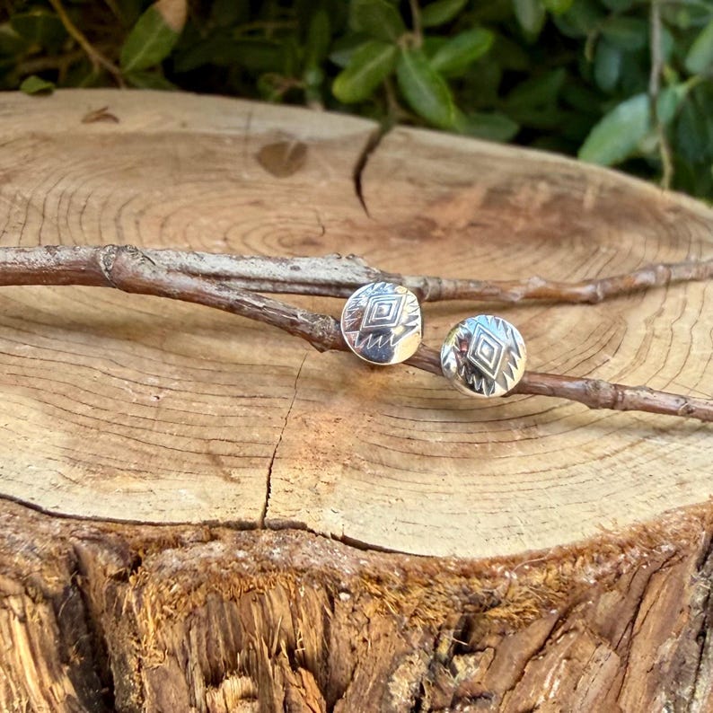 May include: A pair of round silver stud earrings featuring a stamped diamond pattern in the center surrounded by radiating lines. The earrings are resting on a thin, light brown twig that is positioned horizontally across the frame.