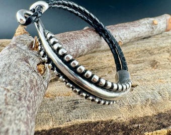 Braided Leather Wrap Bracelet • Silver Half Cuff • Multiple Colors