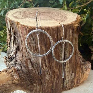 Rustic Sterling Silver Circle Dangle Earrings • Long Drop Style image 2