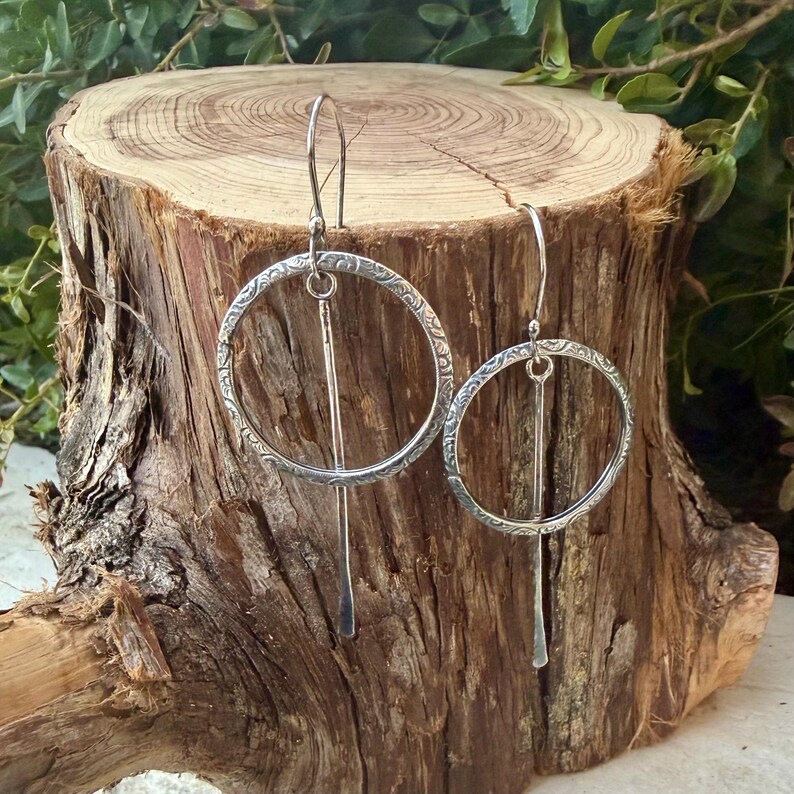 Rustic Sterling Silver Circle Dangle Earrings • Long Drop Style image 2