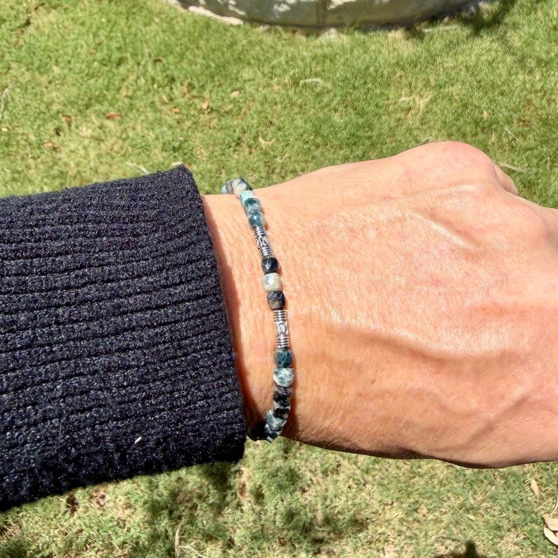 Blue Tourmaline Bracelet • 4mm Stones • Bali Silver Accents image 4