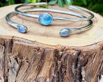 Rainbow Moonstone Cuff Set of 2 • Handmade Adjustable Sterling Silver Stack Bracelets