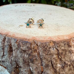 May include: A pair of star-shaped stud earrings. Each earring features a silver-colored metal frame with a turquoise-colored center. The earrings are displayed on a natural wood surface.
