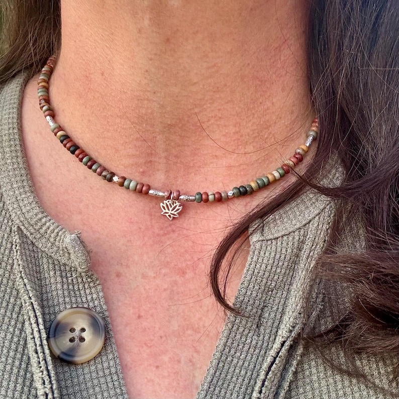 Sterling Silver Picasso Jasper Lotus Pendant Necklace | Artisan Gemstone Jewelry image 1