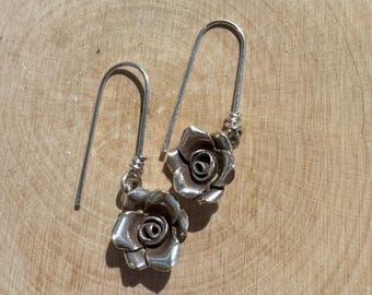Sterling Silver Rose Earrings • 10mm Floral Charms • Hand‑Forged Ear Wires