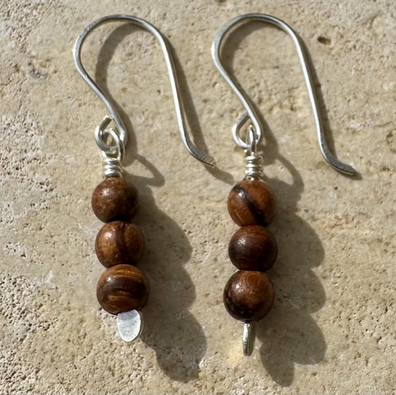 Sandalwood natural tiger skin dangle earrings, natural gemstone