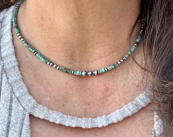 Turquoise & Desert Pearls Sterling Silver Choker Necklace • Southwestern Jewelry