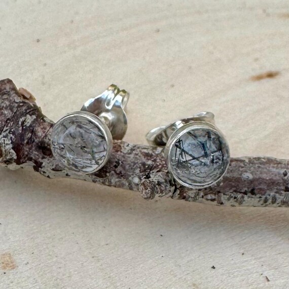 Rutilated Quartz Stud Earrings, Tiny Sterling Silver Post Earrings, Minimalist Jewelry, Gift for Her, Dainty Earrings