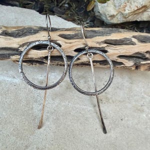 Rustic Sterling Silver Circle Dangle Earrings • Long Drop Style image 7