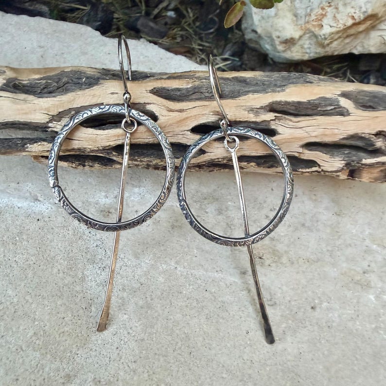 Rustic Sterling Silver Circle Dangle Earrings • Long Drop Style image 7