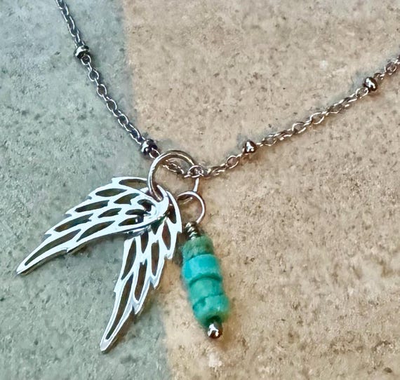 Delicate Angel Wings Pendant Necklace, Turquoise Dangle Accent, Charm Necklace, Angel Jewelry