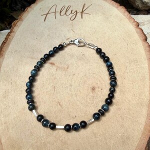 Blue Tiger’s Eye Onyx Bracelet • Hawk’s Eye • Sterling Silver Jewelry image 10