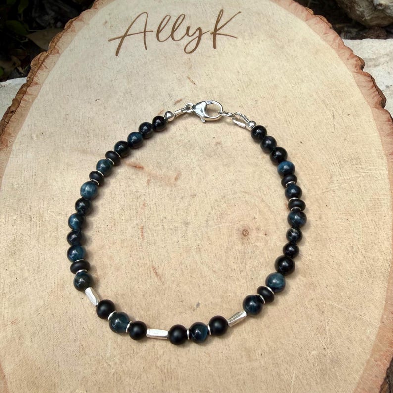 Blue Tiger’s Eye Onyx Bracelet • Hawk’s Eye • Sterling Silver Jewelry image 10
