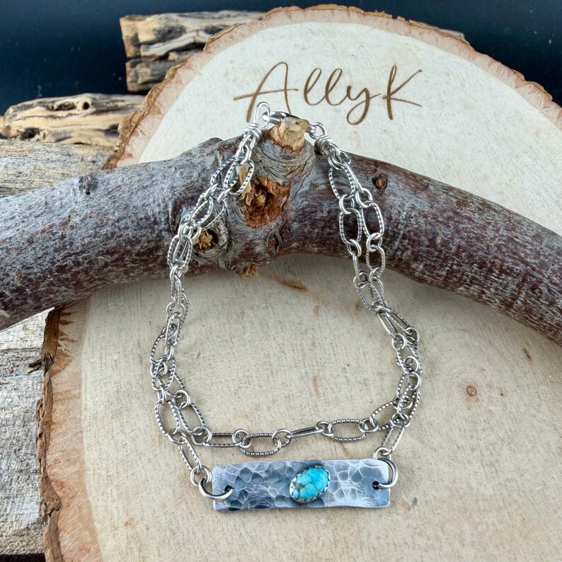 Sterling Silver Turquoise Double Strand Bar Chain Bracelet • Minimal Western Style • Number 8 Turquoise image 9