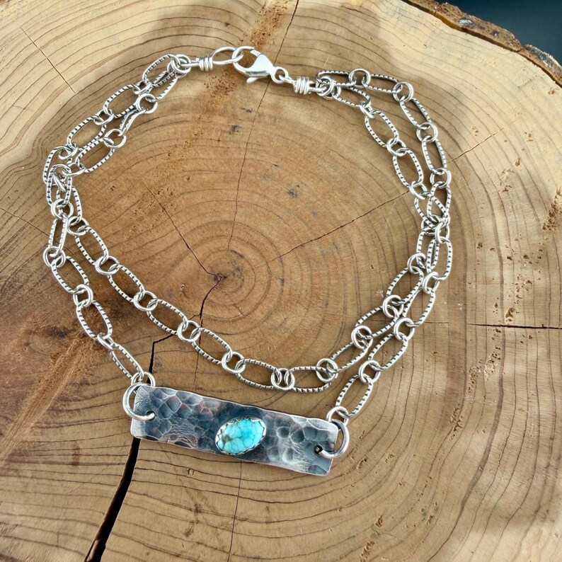 Sterling Silver Turquoise Double Strand Bar Chain Bracelet • Minimal Western Style • Number 8 Turquoise image 1