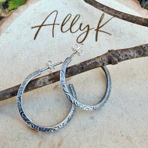 Sterling Silver Hoop Earrings • Push‑Back Post Hoops • Oxidized Swirl Pattern • Lightweight 925 1 Inch Hoop
