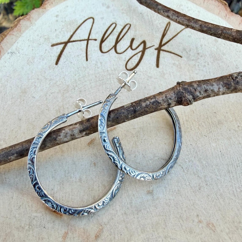 Sterling Silver Hoop Earrings • Push‑Back Post Hoops • Oxidized Swirl Pattern • Lightweight 925 1 Inch Hoop