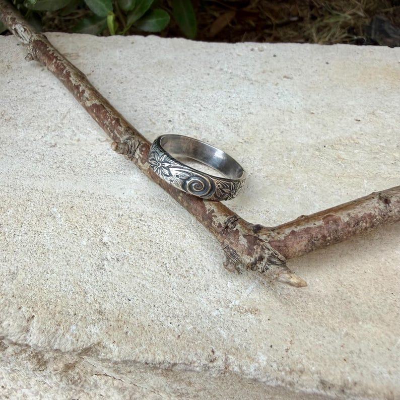 Sterling Silver Daisy Band Ring | Wide Band Elegance image 5