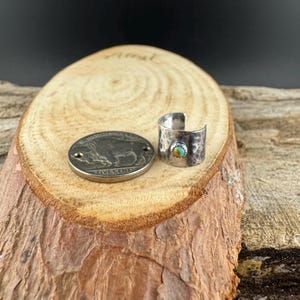 K&ouml;nnte beinhalten: Ein silberner Ring mit geh&auml;mmertem Muster und einem kleinen T&uuml;rkisstein. Daneben eine Silberm&uuml;nze mit der Aufschrift "FIVE CENTS" und einem Bison-Bild.