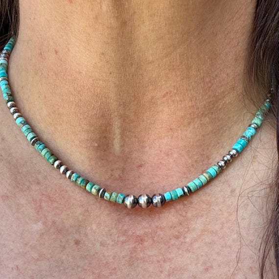 Turquoise & Navajo Pearl Necklace, Gemstone Necklace, Beaded Sterling Silver Jewelry, Gift for Her, Southwestern Style Jewelry